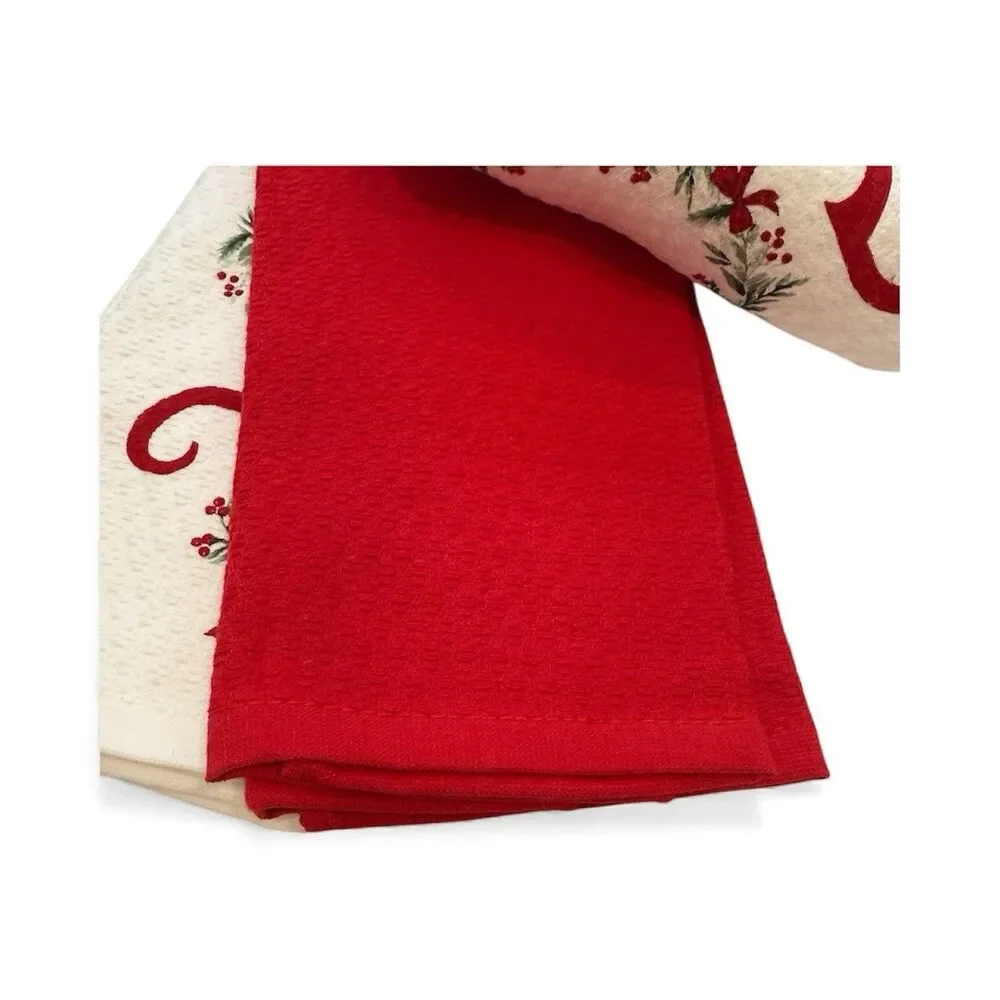 Martha Stewart Christmas Joy Dish Kitchen Towels Set of 3 White Red Wreath